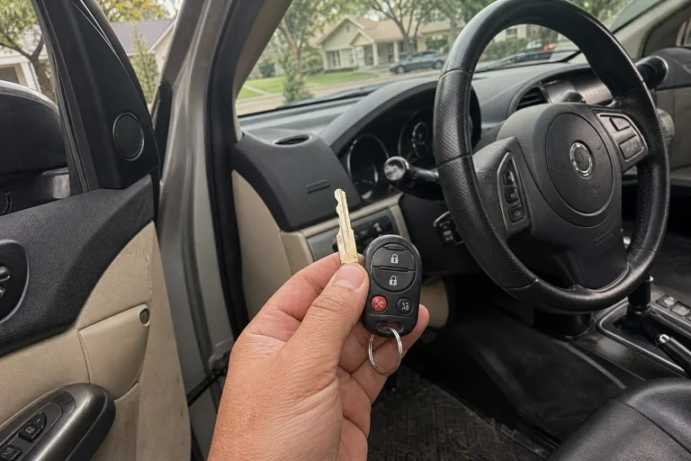 Hand holding a car key and remote beside an open driver door.
